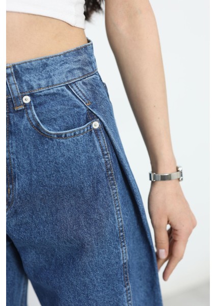 Büzgü Detaylı Baggy Kot Pantolon Lacivert