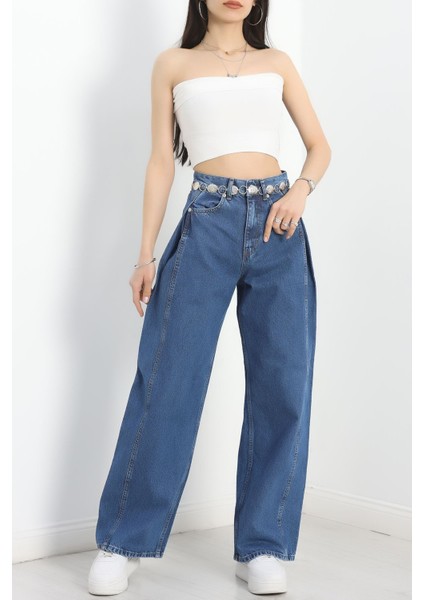 Büzgü Detaylı Baggy Kot Pantolon Lacivert
