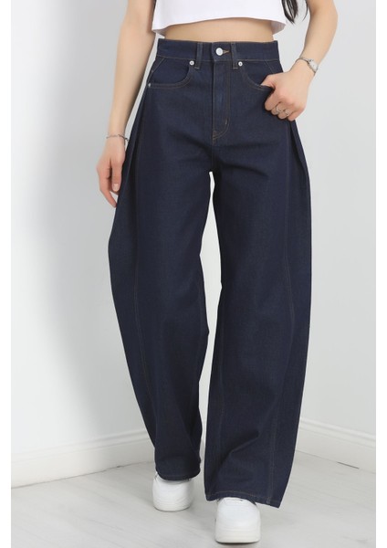 Büzgü Detaylı Baggy Kot Pantolon Koyulaci