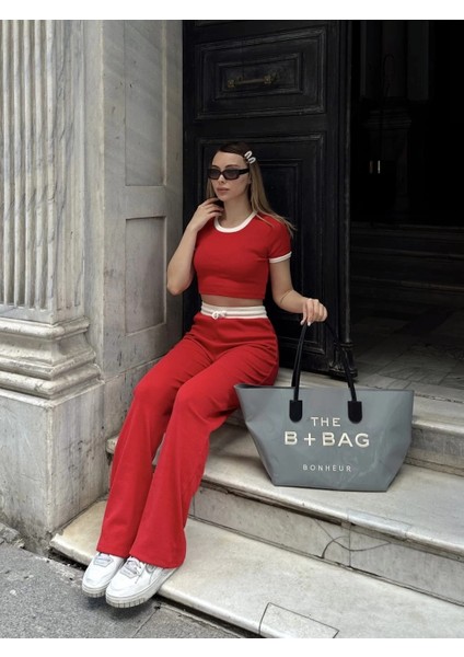 Crop Pantolon Biyeli Takım Kırmızı