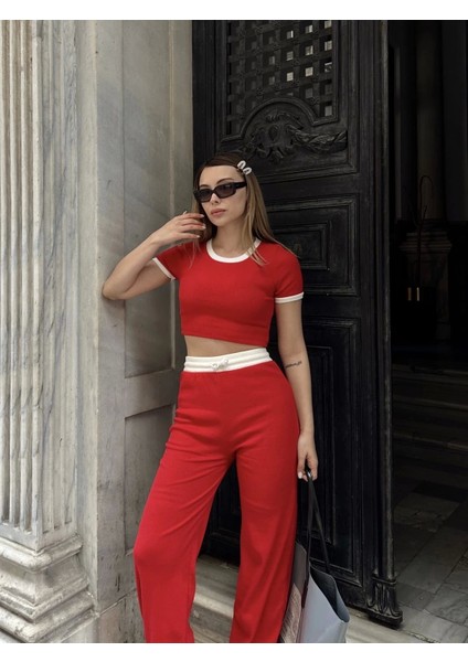 Crop Pantolon Biyeli Takım Kırmızı
