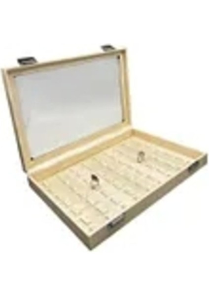 Krem Renkli Cam Kapaklı Deri Kumaş 34x24 cm Tırnaklı Yüzük Tablası