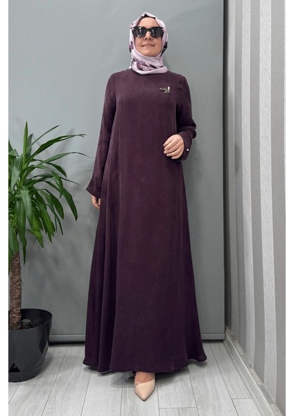 Broş Detaylı A Kesim Cupro Elbise Bordo T25Y-4042