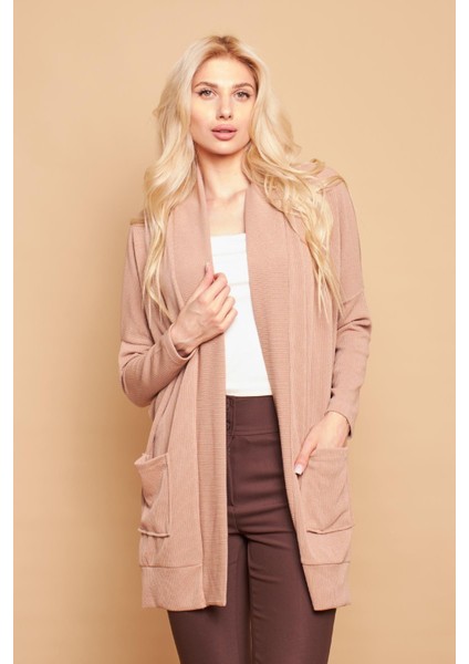 Şal Yakalı Yarasa Cepli Uzun Kol Salaş Oversize Hafif Likralı Triko Hırka-Koyu Bej