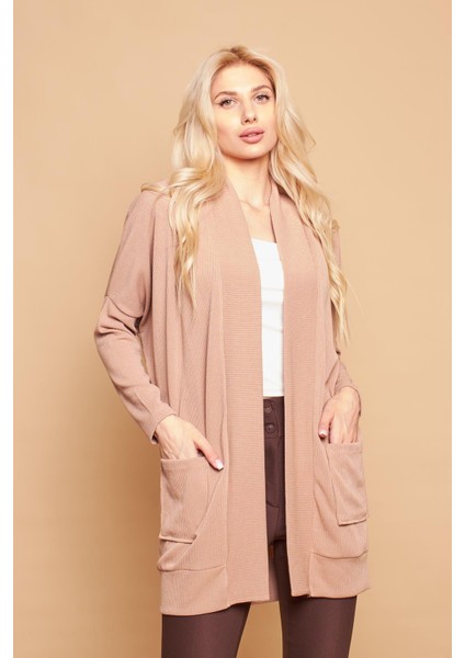 Şal Yakalı Yarasa Cepli Uzun Kol Salaş Oversize Hafif Likralı Triko Hırka-Koyu Bej fiyatları