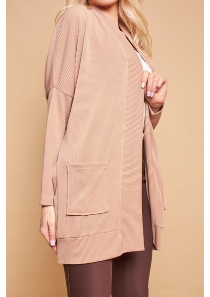 Şal Yakalı Yarasa Cepli Uzun Kol Salaş Oversize Hafif Likralı Triko Hırka-Koyu Bej modelleri