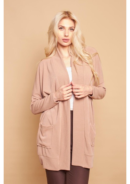 Şal Yakalı Yarasa Cepli Uzun Kol Salaş Oversize Hafif Likralı Triko Hırka-Koyu Bej fırsatları