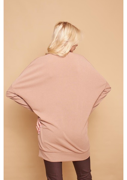 Şal Yakalı Yarasa Cepli Uzun Kol Salaş Oversize Hafif Likralı Triko Hırka-Koyu Bej indirimleri