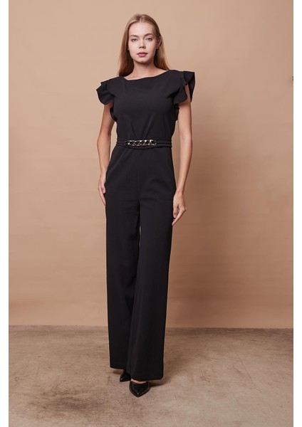 Likralı Kalın Krep Kumaş Kolu Fırfırlı Aksesuarlı Şık Ofis Abiye Tulum - Siyah