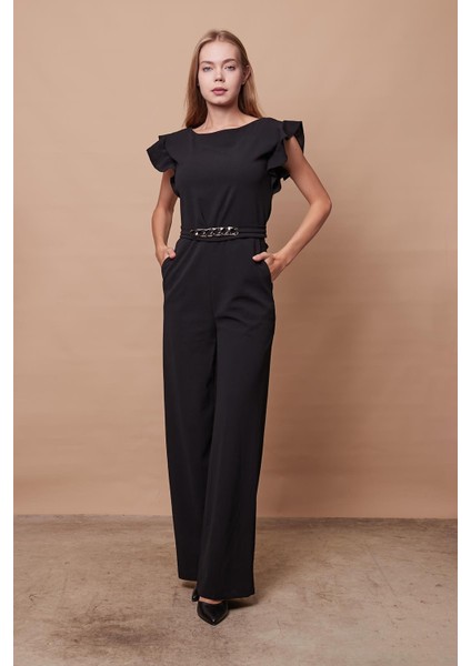 Likralı Kalın Krep Kumaş Kolu Fırfırlı Aksesuarlı Şık Ofis Abiye Tulum - Siyah fiyatları