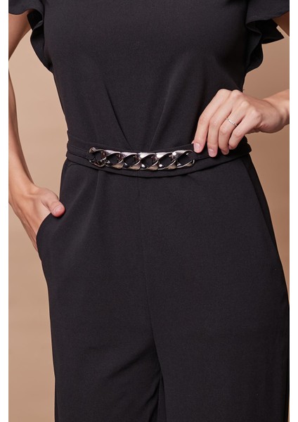 Likralı Kalın Krep Kumaş Kolu Fırfırlı Aksesuarlı Şık Ofis Abiye Tulum - Siyah