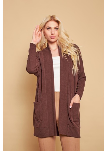 Şal Yakalı Yarasa Cepli Uzun Kol Salaş Oversize Hafif Likralı Triko Hırka-Kahve