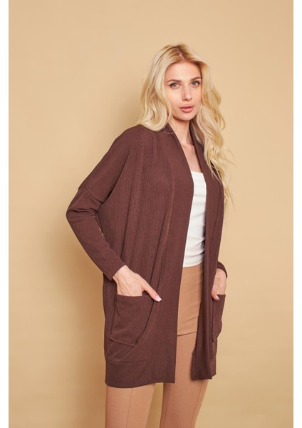 Şal Yakalı Yarasa Cepli Uzun Kol Salaş Oversize Hafif Likralı Triko Hırka-Kahve fiyatları