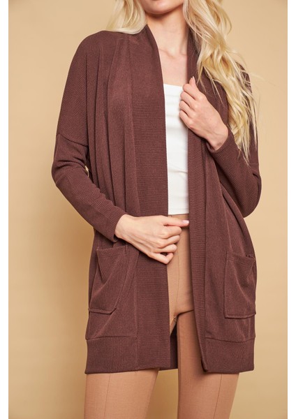 Şal Yakalı Yarasa Cepli Uzun Kol Salaş Oversize Hafif Likralı Triko Hırka-Kahve modelleri