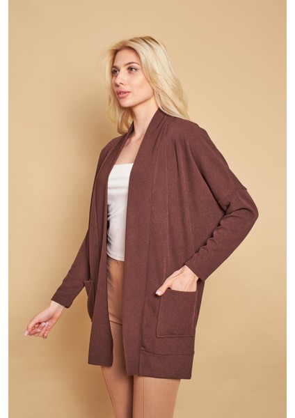 Şal Yakalı Yarasa Cepli Uzun Kol Salaş Oversize Hafif Likralı Triko Hırka-Kahve fırsatları