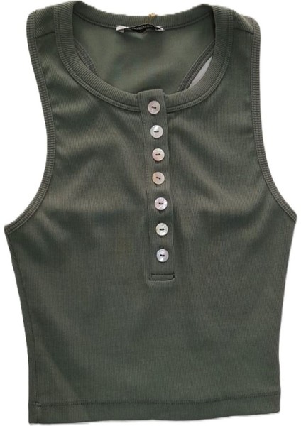 Önü Düğmeli Fitilli Crop Bluz