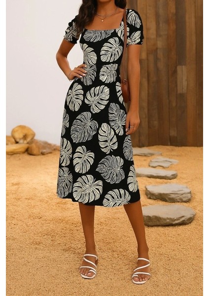 Kadın Kısa Kollu Geometrik Yaka Yırtmaçlı Puantiyeli Midi Örme Krep Elbise