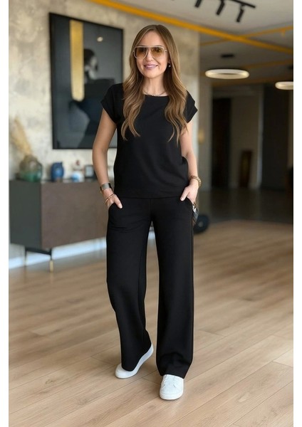 Kadın Kısa Kollu Bisiklet Yaka Viskon Iki Iplik Bluz ve Pantolon Ikili Takım fiyatları