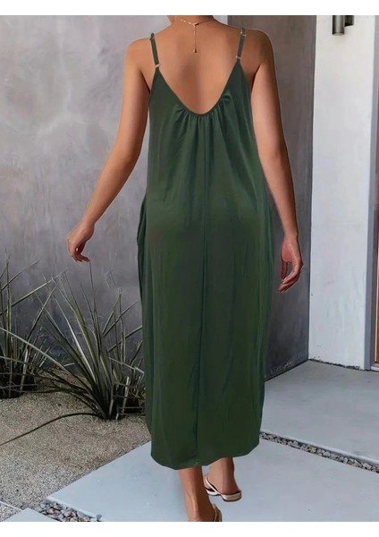 Kadın Ip Askılı Geniş V Yakalı Cepli Viskon Elbise fiyatları
