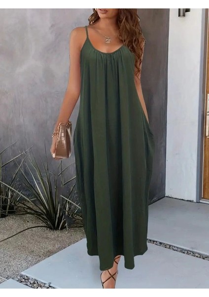 Kadın Ip Askılı Geniş V Yakalı Cepli Viskon Elbise modelleri