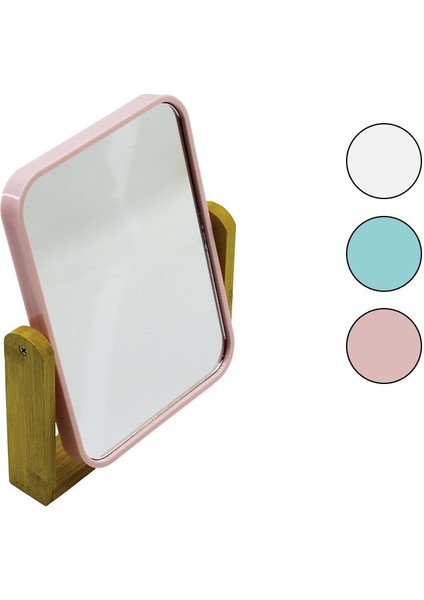 DİKDÖRTGEN=20.5X15.5CM Ahşap Bambu Ayaklı Makyaj Aynası Çift Taraflı Renkli Plastik Çerçeve (2818)