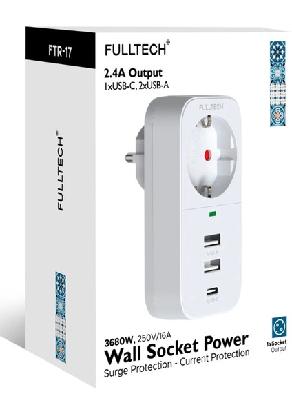 2.4A Çıkışlı 2xusb 1xtype-C Tekli Priz Ftr-17