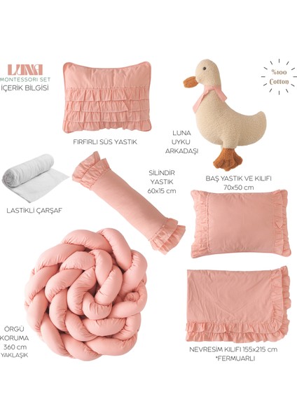 Luna %100 Pamuk Montessori Bebek Uyku Seti – Fırfırlı, Pembe Renk, Ördek Uyku Arkadaşı ile