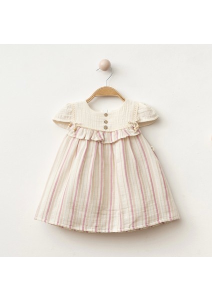 Sim Detaylı Düğmeli Kız Bebe Elbise