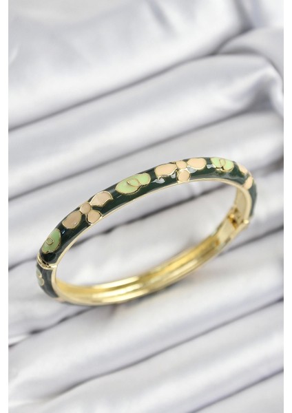 Mineli Pirinç Krem ve Yeşil Çiçek Motifli Gold Renk Kadın Kelepçe - TJ-BB7400