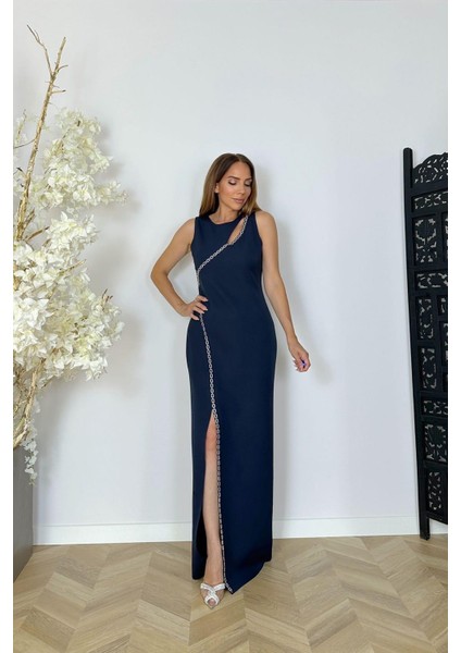 G1134 Yaka Detaylı Tasarım Abiye Elbise Lacivert