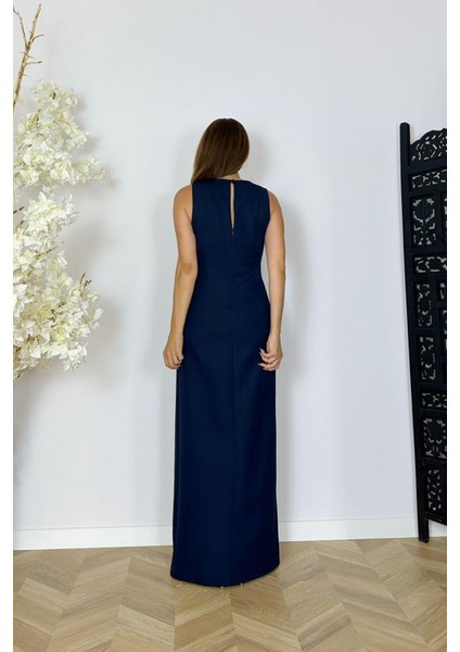 G1134 Yaka Detaylı Tasarım Abiye Elbise Lacivert fiyatları