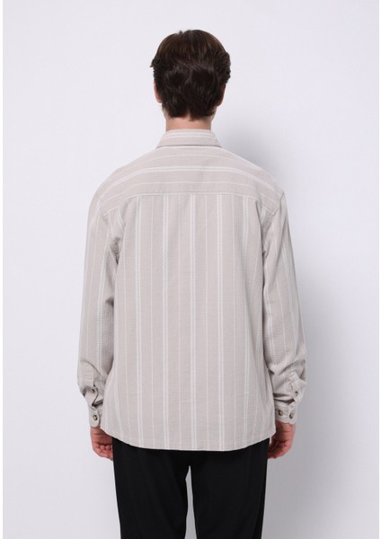 Regular Fit Shirt Neck Çizgili Erkek Bej Uzun Kol Gömlek fiyatları