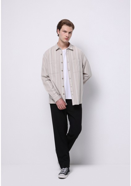 Regular Fit Shirt Neck Çizgili Erkek Bej Uzun Kol Gömlek modelleri