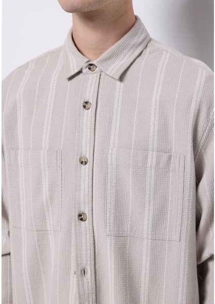 Regular Fit Shirt Neck Çizgili Erkek Bej Uzun Kol Gömlek fırsatları