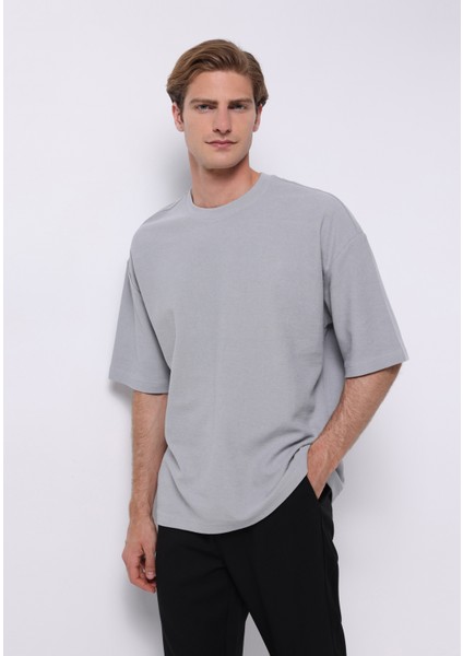 Oversize Fit Yuvarlak Yaka Düz Erkek Mavi Kısa Kol Tişört