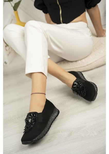 Sdf 332 Siyah Süet Taşlı Kadın Ayakkabı