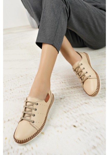 Syg P38 Bej Hakiki Deri Kadın Ayakkabı