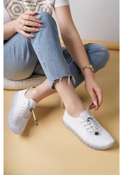 Knc 12 Beyaz Hakiki Deri Şeffaf Taban Kadın Ayakkabı