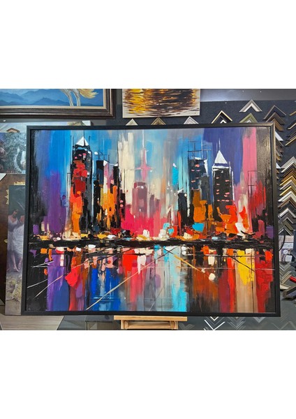 Yağlı Boya Dokulu Tablo Soyut Şehir Manzarası U09014 indirimleri