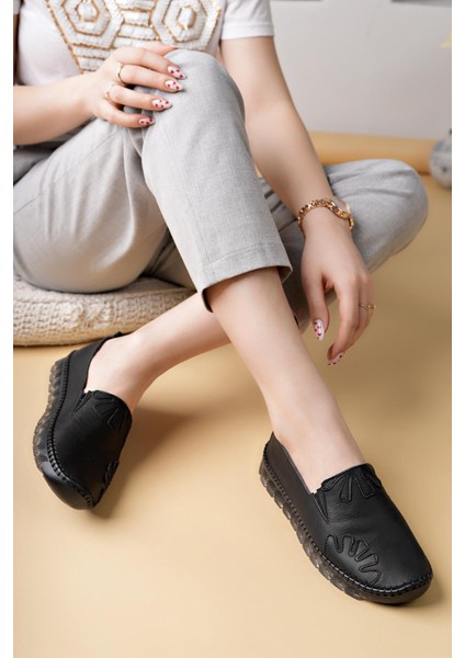 Knc 10 Siyah Hakiki Deri Şeffaf Taban Kadın Ayakkabı