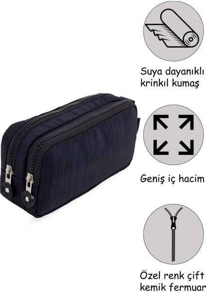 01105 Krinkıl Kumaş Yıkanabilir Çift Bölmeli Gözlü Kalemlik Kalem Kutusu - Siyah modelleri