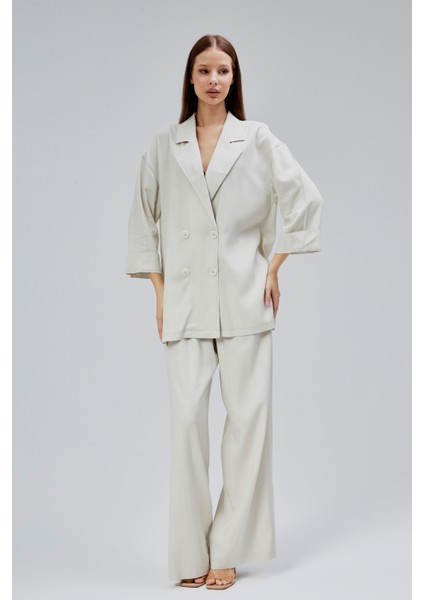 Naturel Oversize Yarım Kol Keten Takım