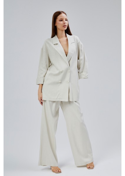 Naturel Oversize Yarım Kol Keten Takım modelleri