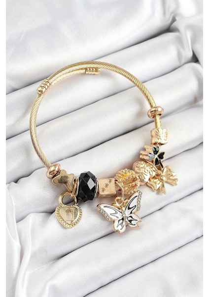 316L Çelik Siyah Zirkon Taşlı Kelebek Fiyonk ve Kilit Model Gold Renk Charm Bileklik