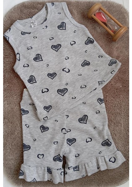 Is Berceste Kız Çocuk Gri Fırfırlı Japone Desenli Kız Çocuk Alt Üst Şort Takım