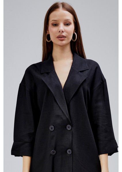 Siyah Oversize Yarım Kol Keten Takım