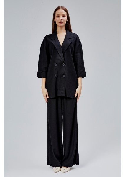 Siyah Oversize Yarım Kol Keten Takım modelleri
