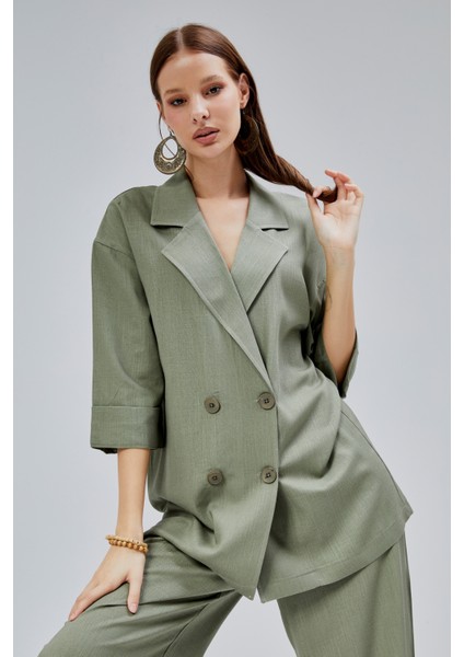 Haki Oversize Yarım Kol Keten Takım