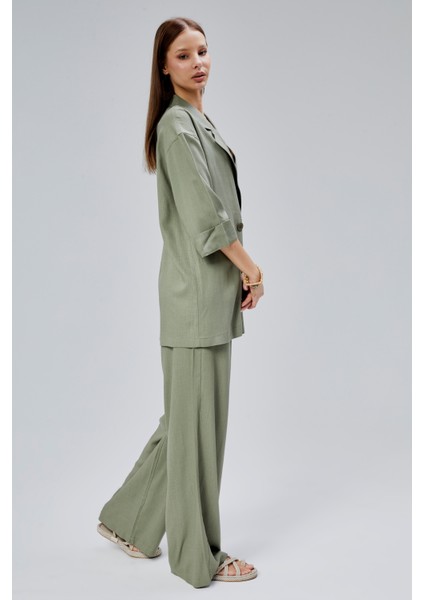 Haki Oversize Yarım Kol Keten Takım modelleri