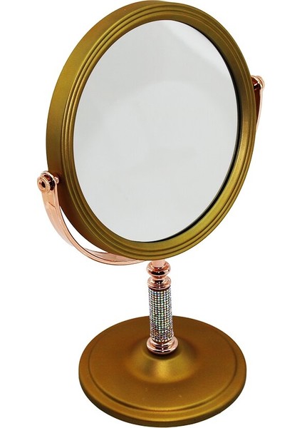Taş Saplı Yuvarlak 7 Inç= Çap:17.5cm Makyaj Aynası Çift Taraflı Bronz - Gümüş Pls.çerçeve Sabit Ayak (4741)